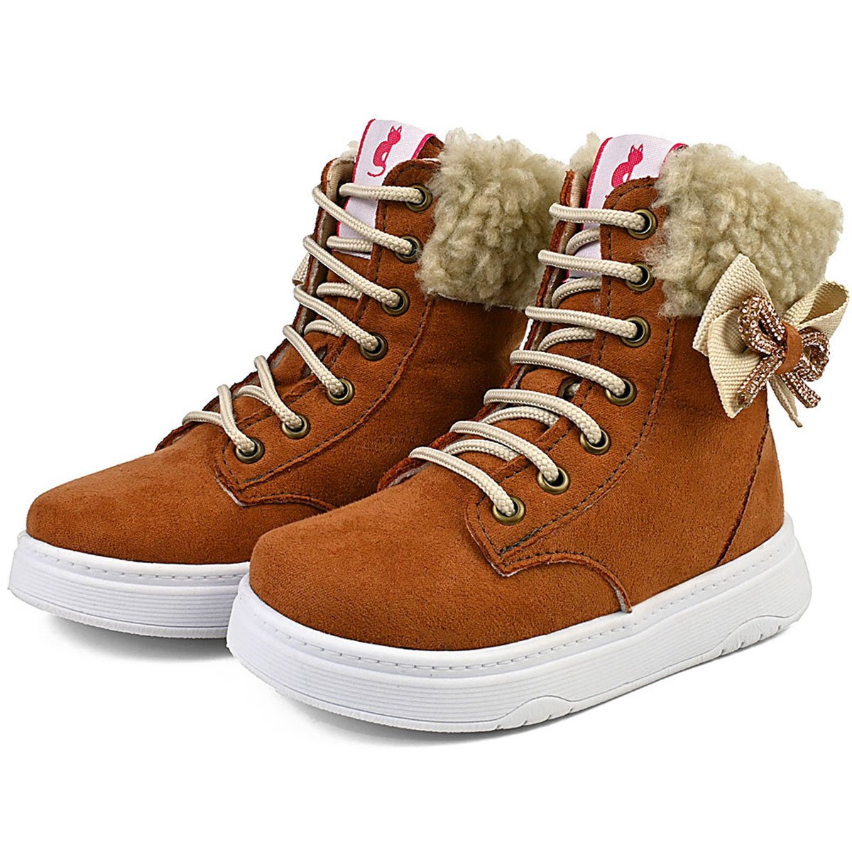 Bota Caramelo Cano Alto Infantil Menina Inverno Conforto Laço Camurça Gatatuya