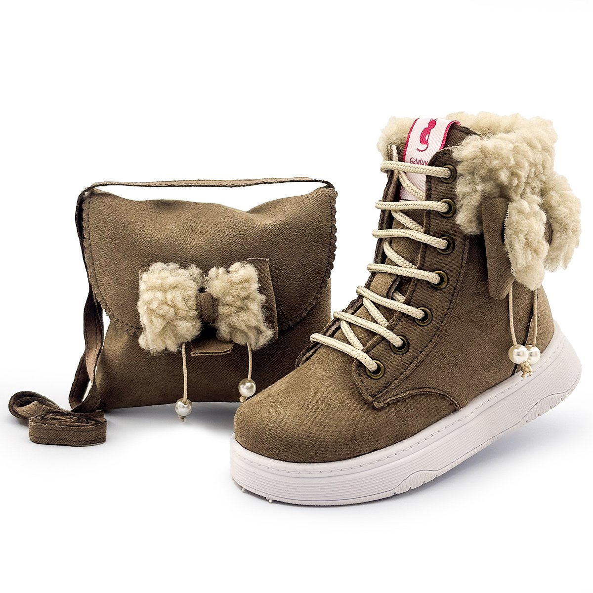 Kit Bota Infantil Menina Com Bolsa Inverno Cano Alto Laço Confortável Marrom/Bege Gatatuya