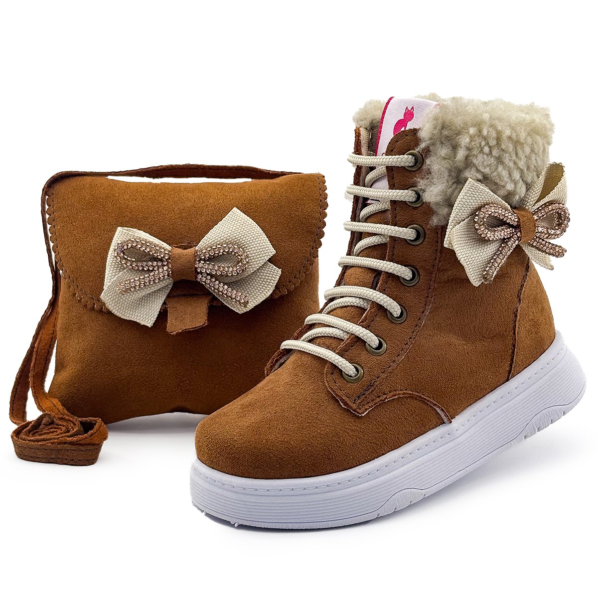 Kit Botinha Infantil Menina Com Bolsa Inverno Feminina Laço Caramelo Gatatuya