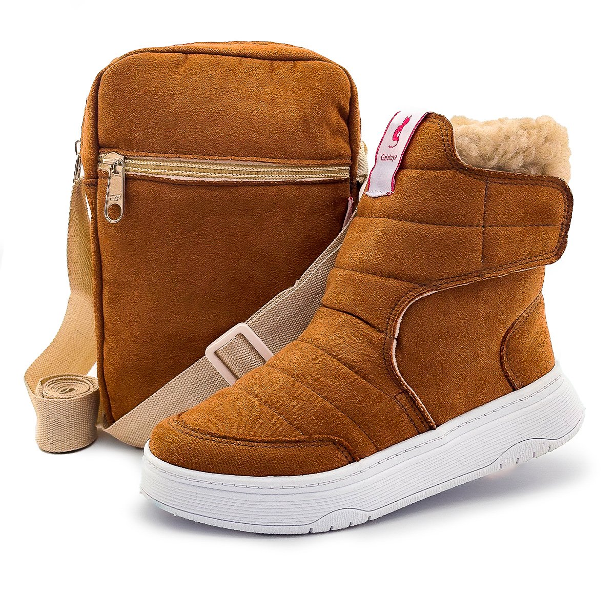 Kit Botinha Menina Cano Alto Infantil Inverno Com Bolsa Caramelo Gatatuya