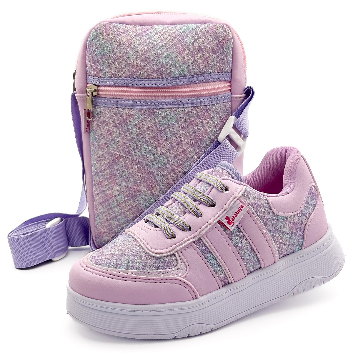 Kit Tênis Infantil Menina Rosa Brilhante Com Bolsa Shoulder Bag Confortável Gatatuya