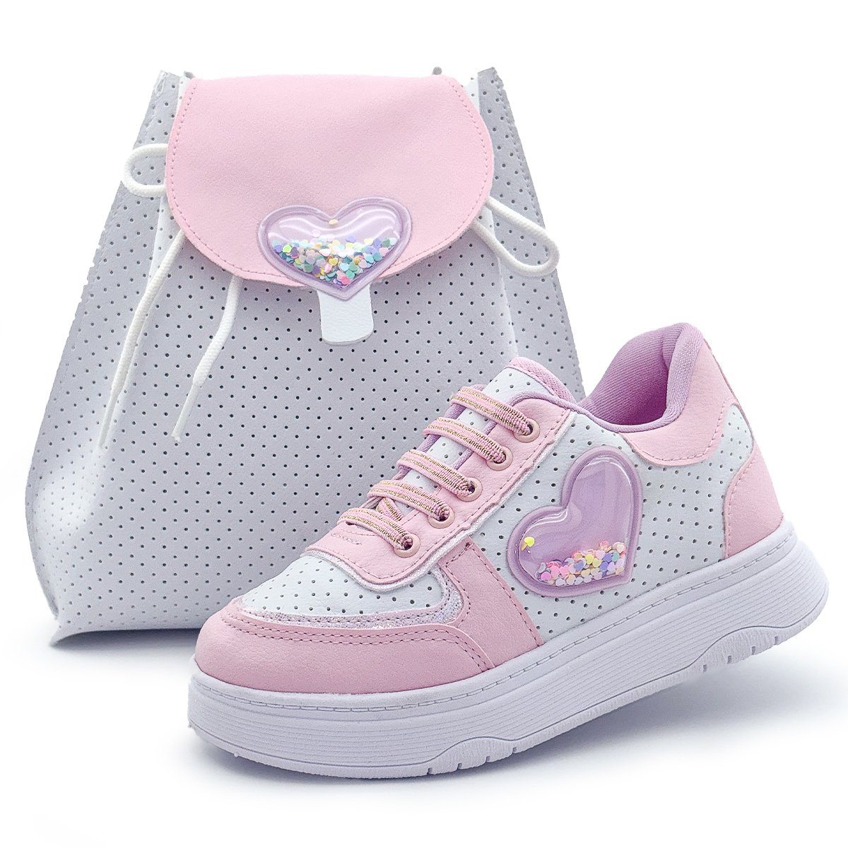 Kit Tênis Escolar Infantil Feminino Bom Bolsa Branco/Rosa Calce Fácil Conforto Gatatuya