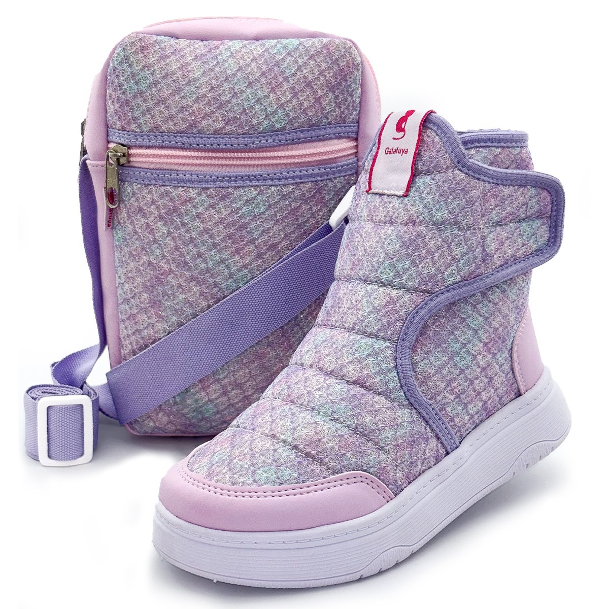 Kit Bota Infantil Menina Cano Alto Com Bolsa Inverno Brilho Lilás/Colorida Gatatuya
