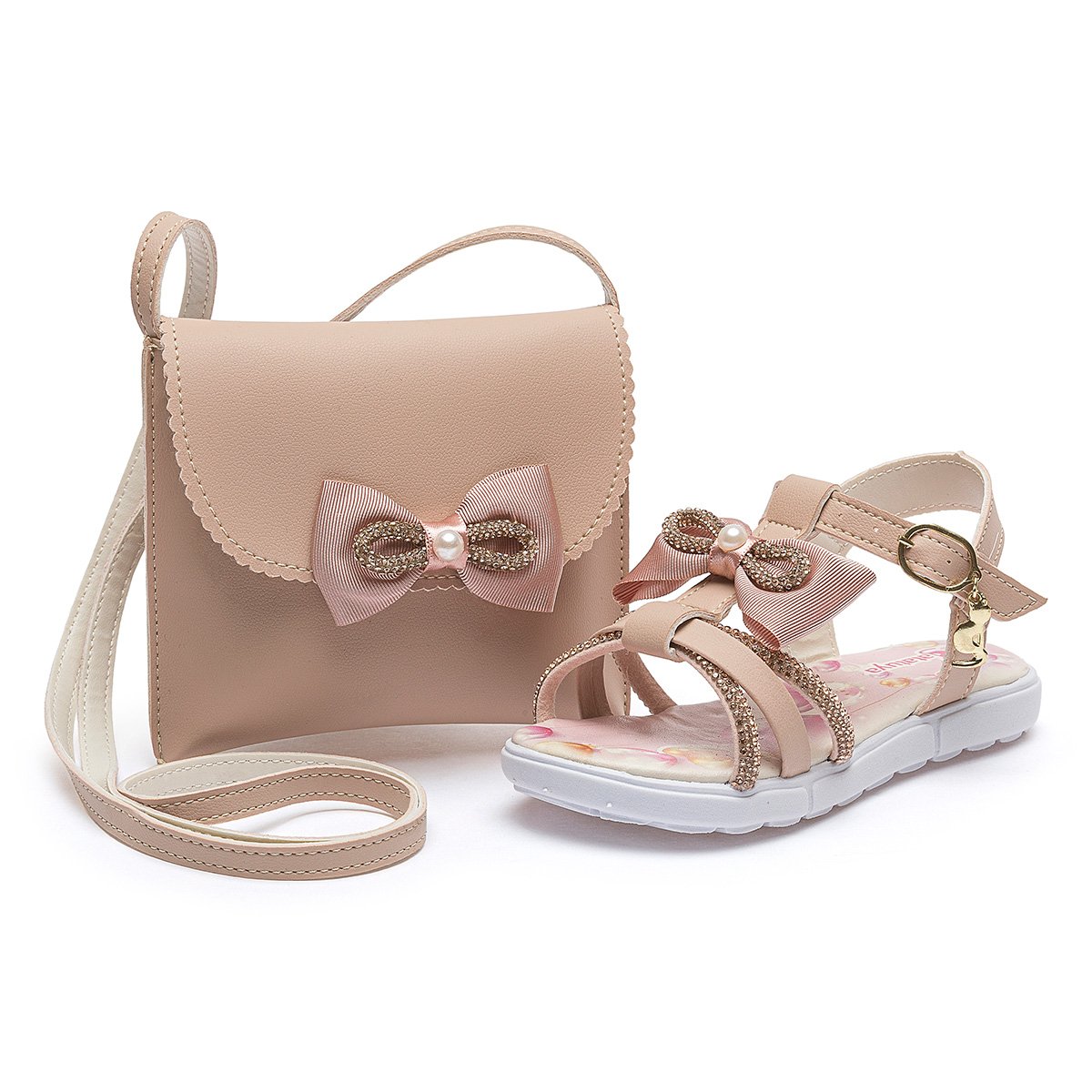 Kit Sandália Rasteirinha Bolsa Infantil Menina Nude Laço Brilho Festa Gatatuya