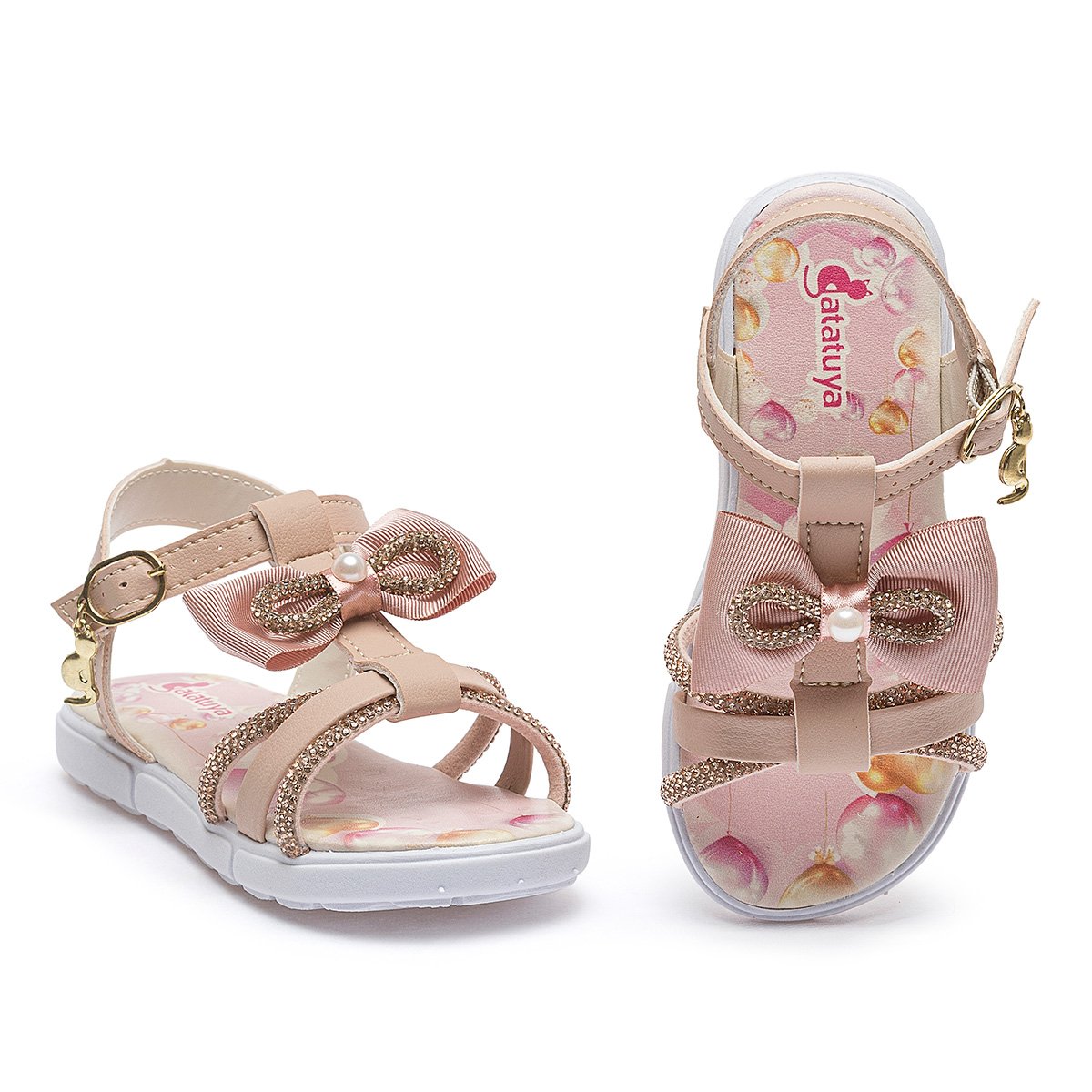 Kit Sandália Rasteirinha Bolsa Infantil Menina Nude Laço Brilho Festa Gatatuya Bege 3