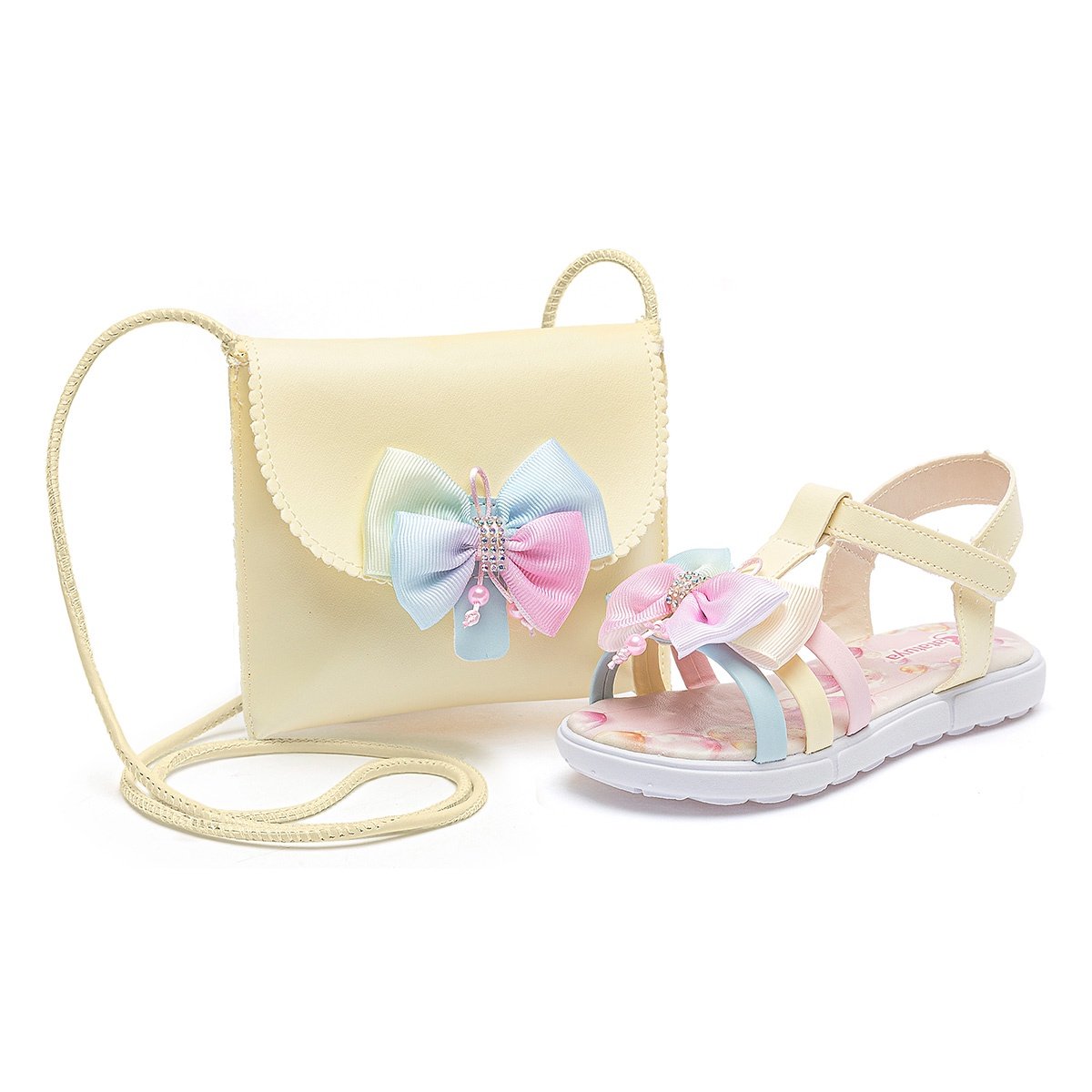 Kit Sandália Rasteirinha Bolsa Infantil Menina Amarelo Laço Brilho Festa Gatatuya