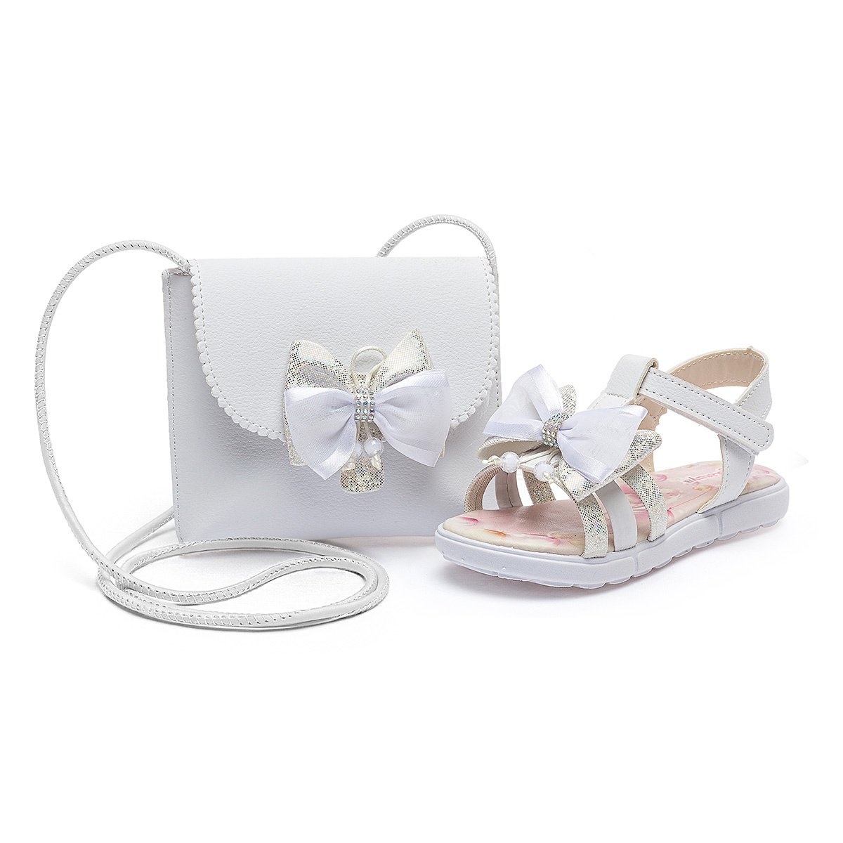 Kit Sandália Rasteirinha Bolsa Infantil Menina Branco Laço Brilho Festa Gatatuya