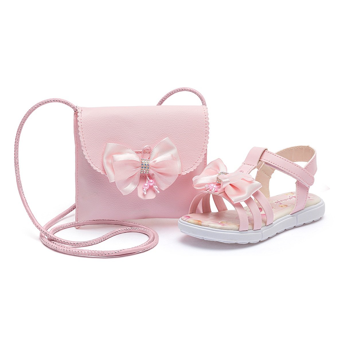 Kit Sandália Rasteirinha Bolsa Infantil Menina Branco Laço Brilho Festa Gatatuya Branco 2