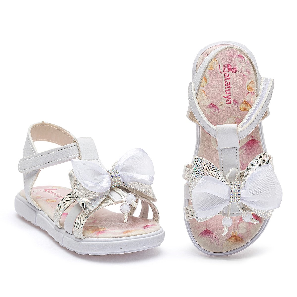 Kit Sandália Rasteirinha Bolsa Infantil Menina Branco Laço Brilho Festa Gatatuya Branco 3