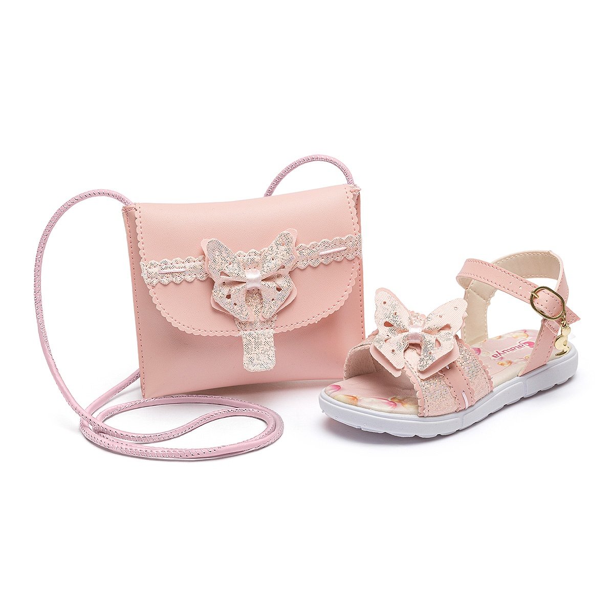 Kit Sandália Rasteirinha Bolsa Infantil Menina Rosa Borboleta Festa Gatatuya