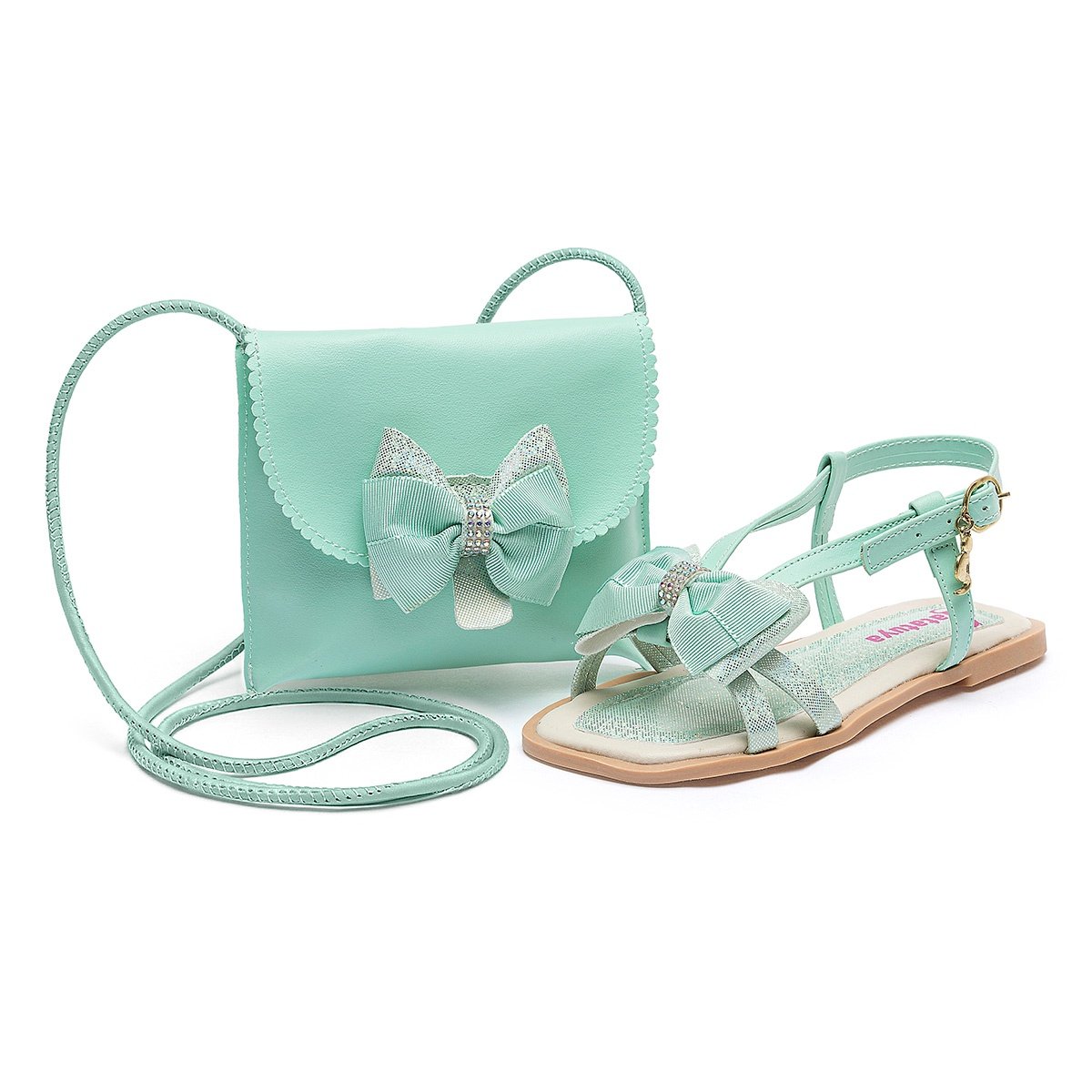 Kit Sandália Rasteirinha Infantil Feminina com Bolsa Verde Laço Brilho