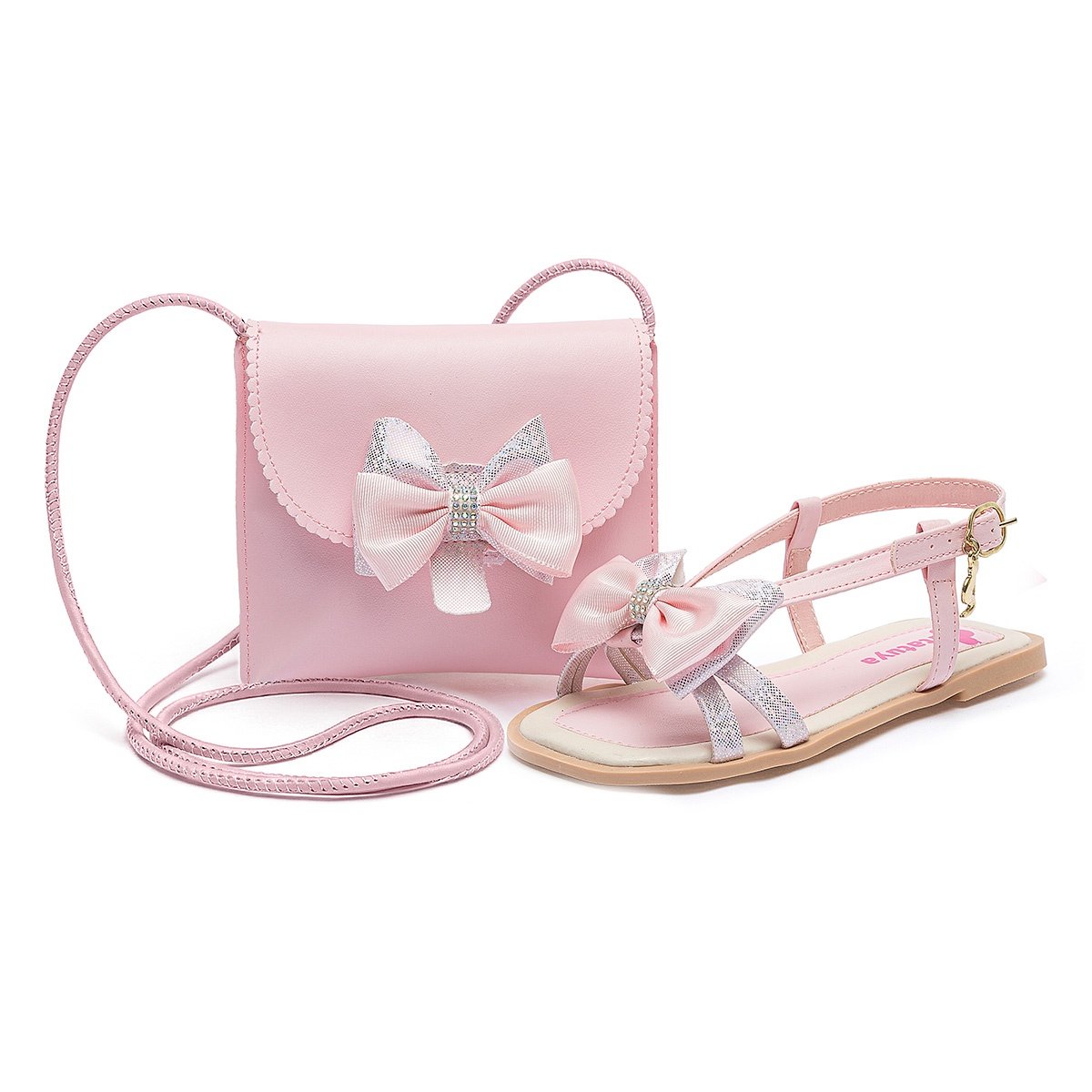 Kit Sandália Rasteirinha Infantil Feminina com Bolsa Rosa Laço Brilho