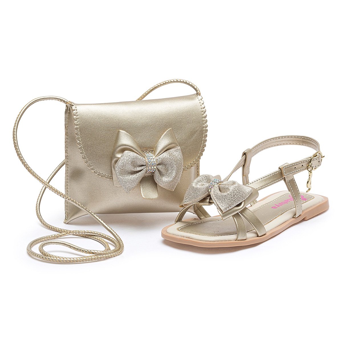 Kit Sandália Rasteirinha Infantil Feminina com Bolsa Dourado Laço Brilho
