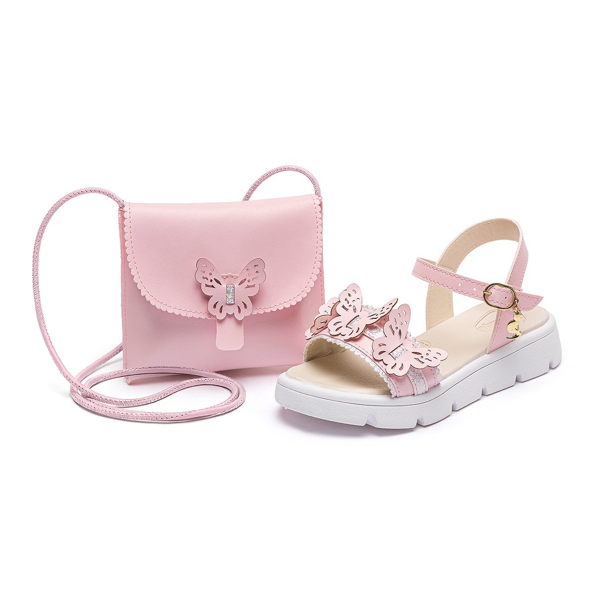 Kit Sandália Com Bolsinha Infantil Menina Borboleta Rosa Confortável Casual Gatatuya