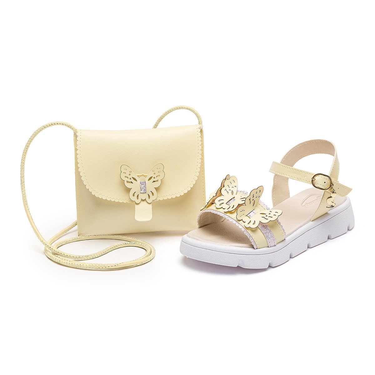 Kit Sandália Com Bolsinha Infantil Menina Borboleta Amarelo Confortável Casual Gatatuya