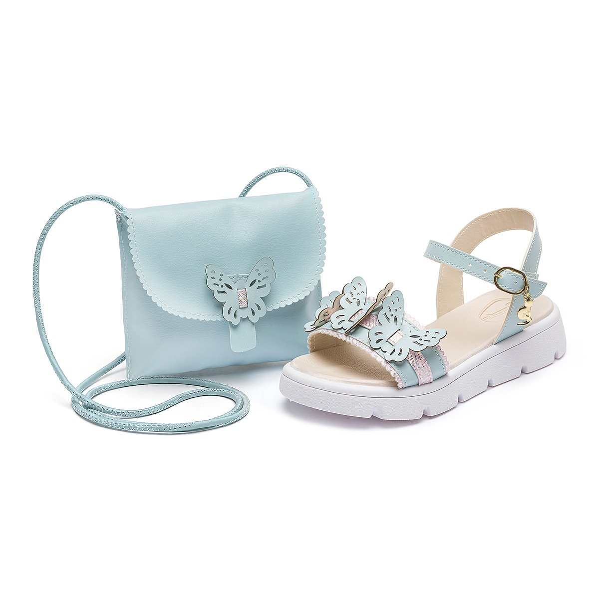 Kit Sandália Com Bolsinha Infantil Menina Borboleta Azul Confortável Casual Gatatuya