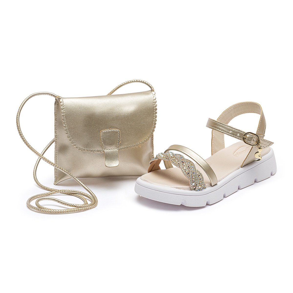 Kit Sandália Com Bolsinha Infantil Menina Brilho Dourado Confortável Casual Gatatuya