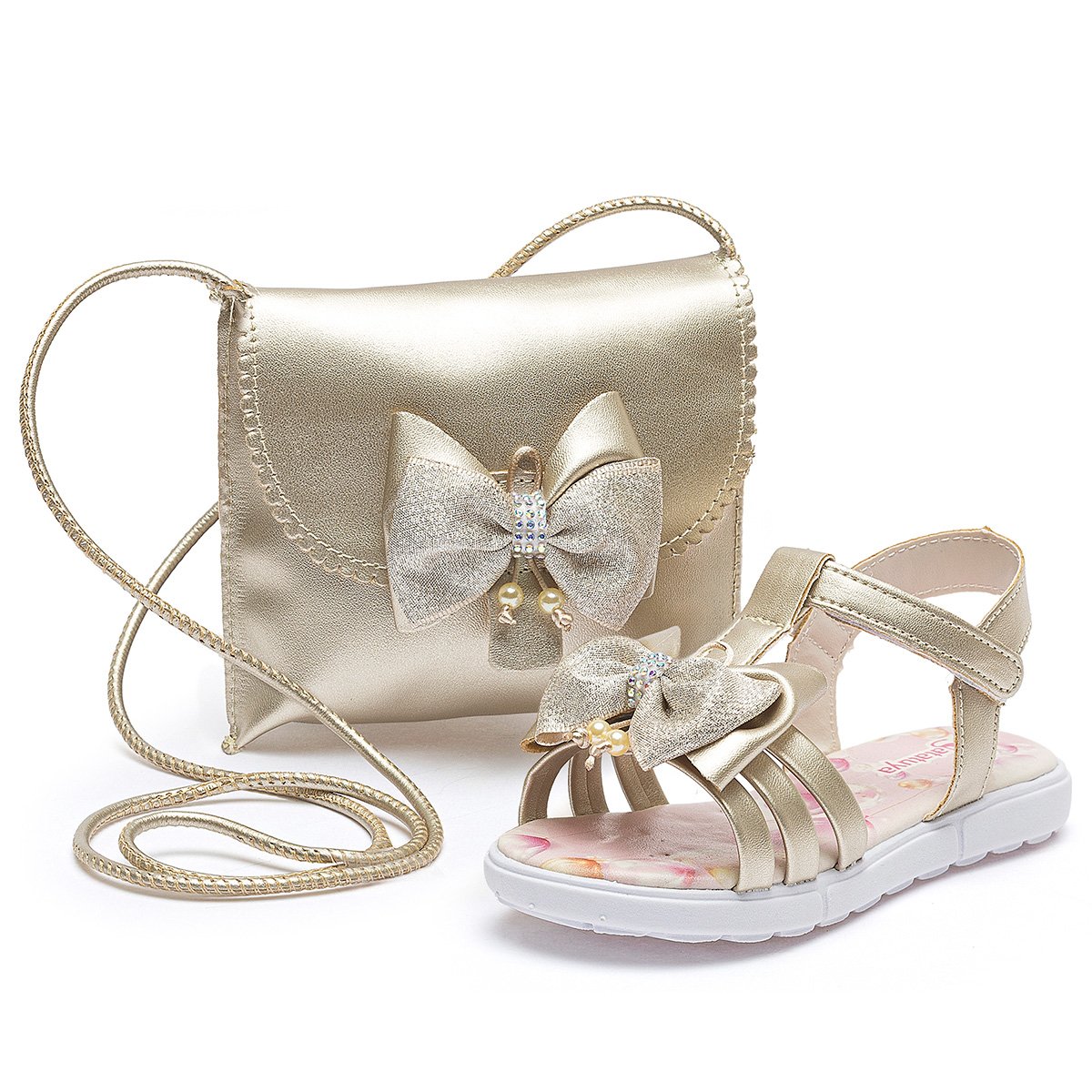 Kit Sandália Rasteirinha Bolsa Infantil Menina Dourado Laço Brilho Festa Dourado Gatatuya