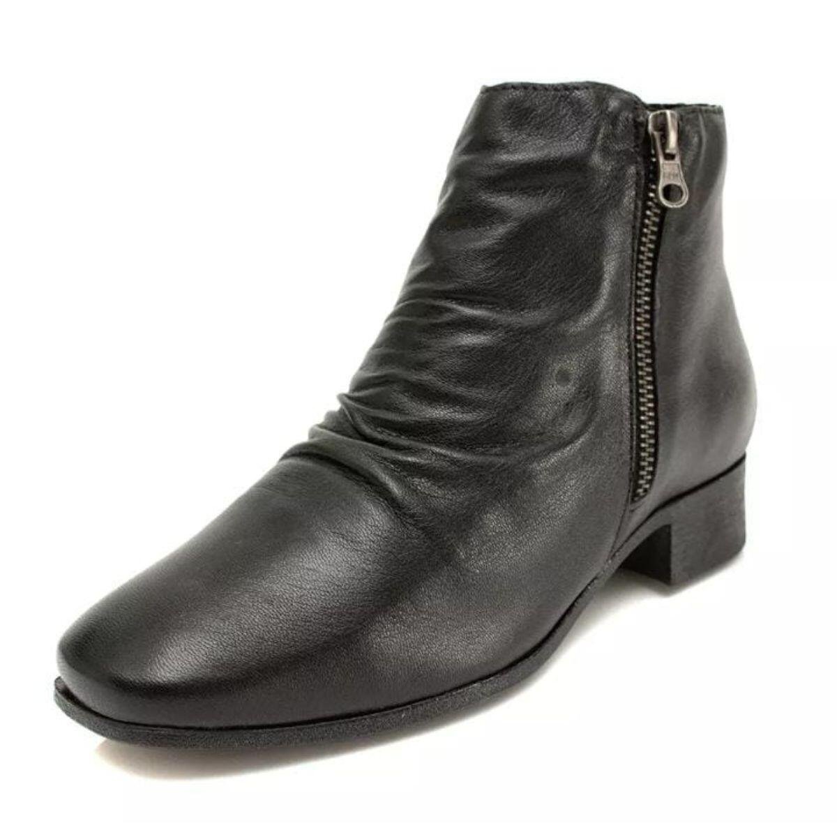 Bota Feminina Moscardini Couro Franzida Zíper Lateral 46976 Preto 2