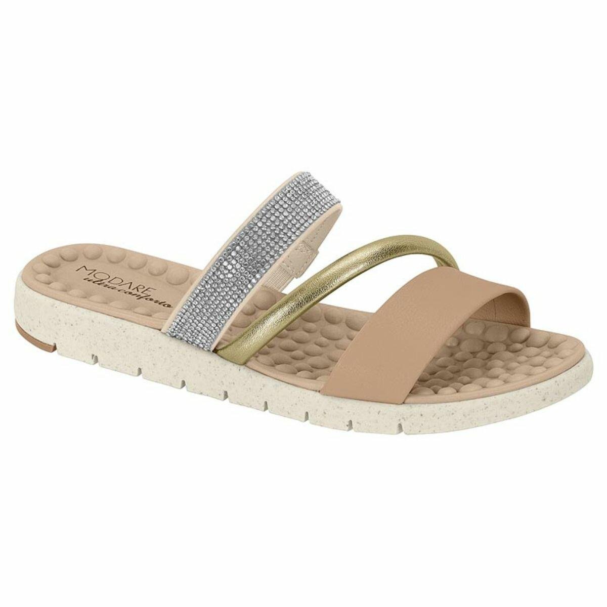 Tamanco Feminino Modare Ultraconforto Tiras Strass 7162.221 Bege 1
