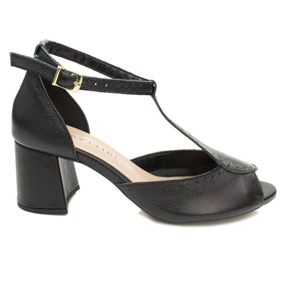 Sandália Feminina em Couro Salto Médio 377-05 Preto 1