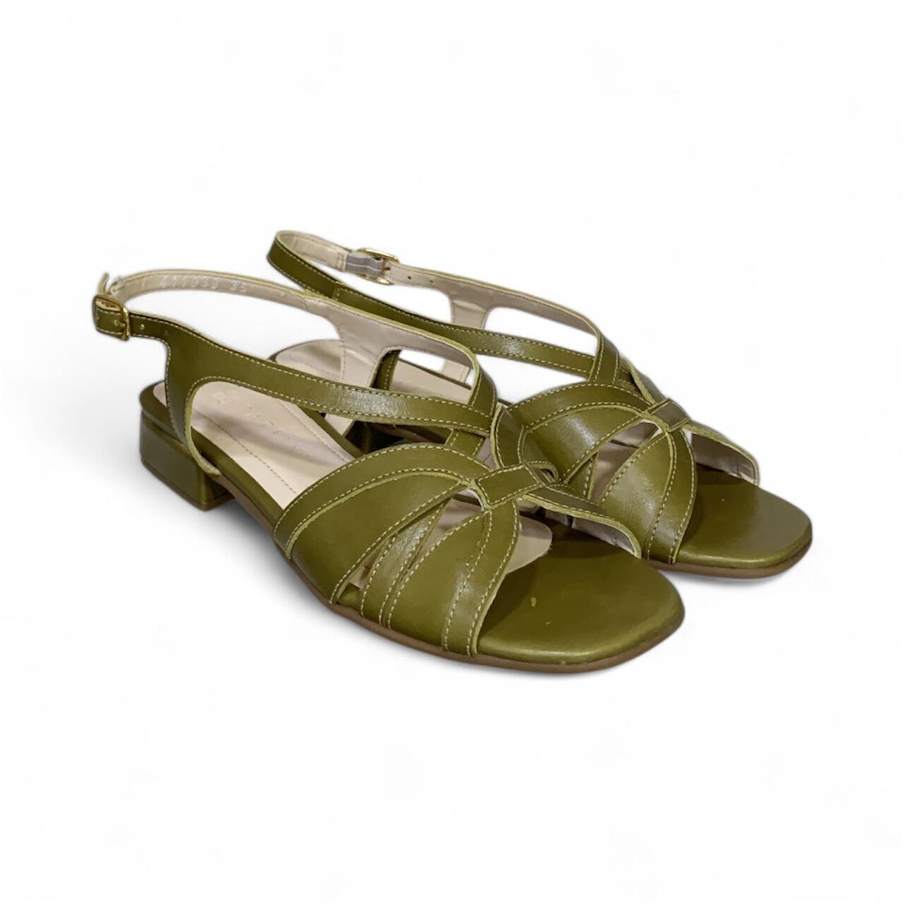 Sandália Feminina em Couro Salto Baixo Quadrado 411039 Verde 2