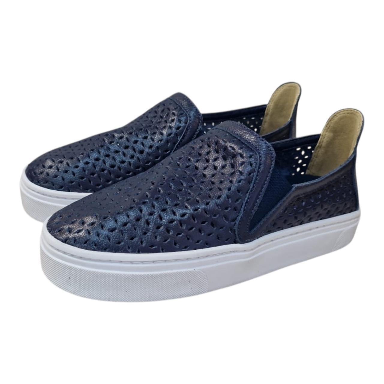 Tênis Slip On Feminino em Couro Via Bella 470 Azul Marinho 3