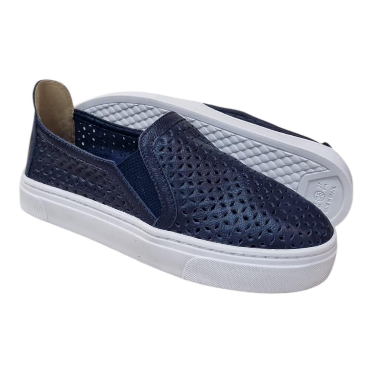 Tênis Slip On Feminino em Couro Via Bella 470 Azul Marinho 4