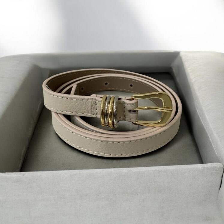 Cinto Fino Feminino em Couro Fivela Redonda 003 Bege 4