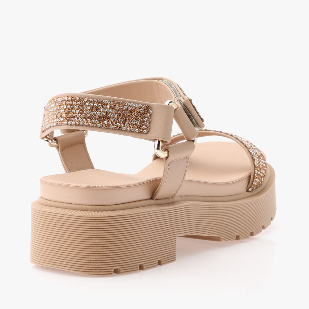 Sandália Plataforma Com Strass Conforto Feminina Bege 3