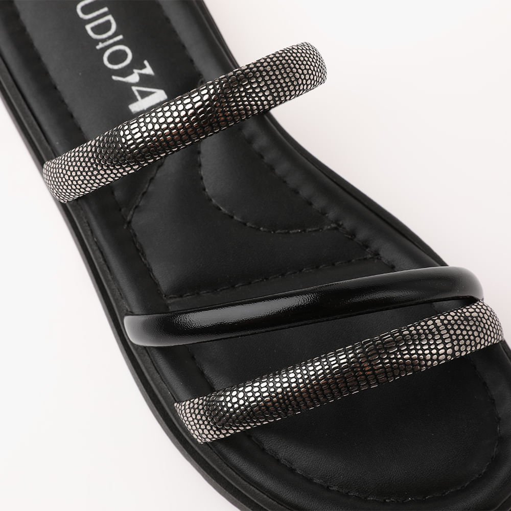 Sandália Papete Com Tiras Diferenciadas Strass Feminina Preto 4