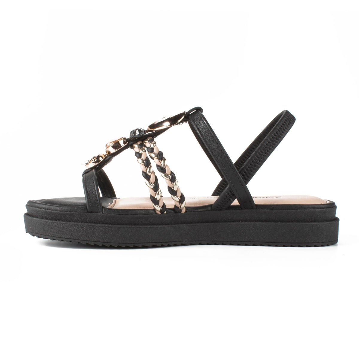 Sandália Flatform Pedrarias e Tiras Trançadas Preto/Dourado 3