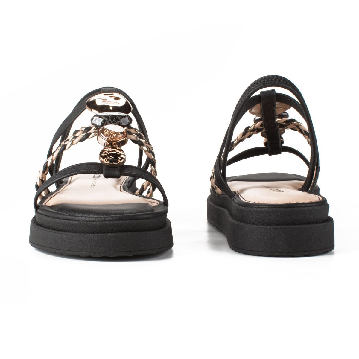 Sandália Flatform Pedrarias e Tiras Trançadas Preto/Dourado 5