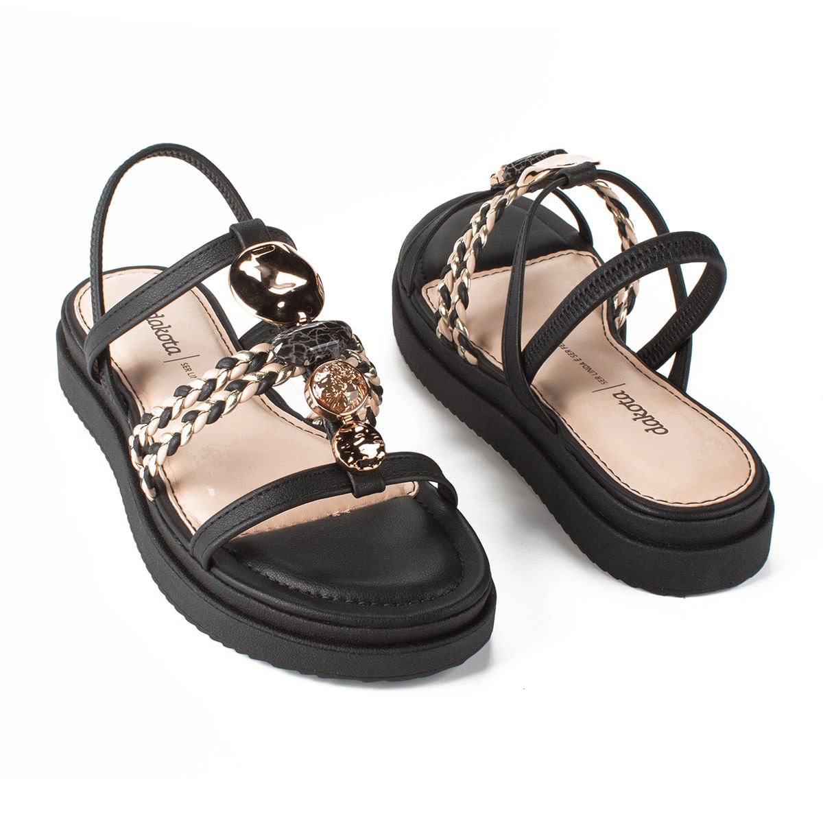 Sandália Flatform Pedrarias e Tiras Trançadas Preto/Dourado 7