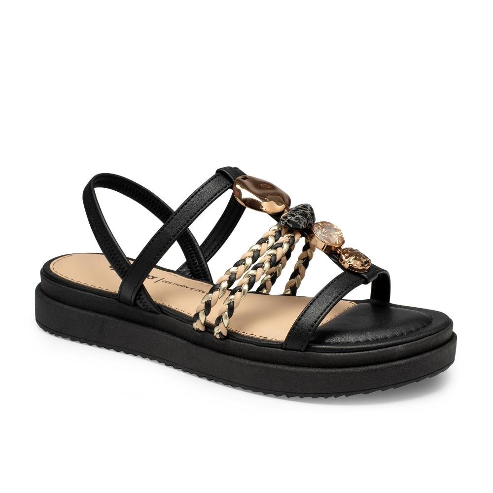 Sandália Flatform Pedrarias e Tiras Trançadas Preto/Dourado 8