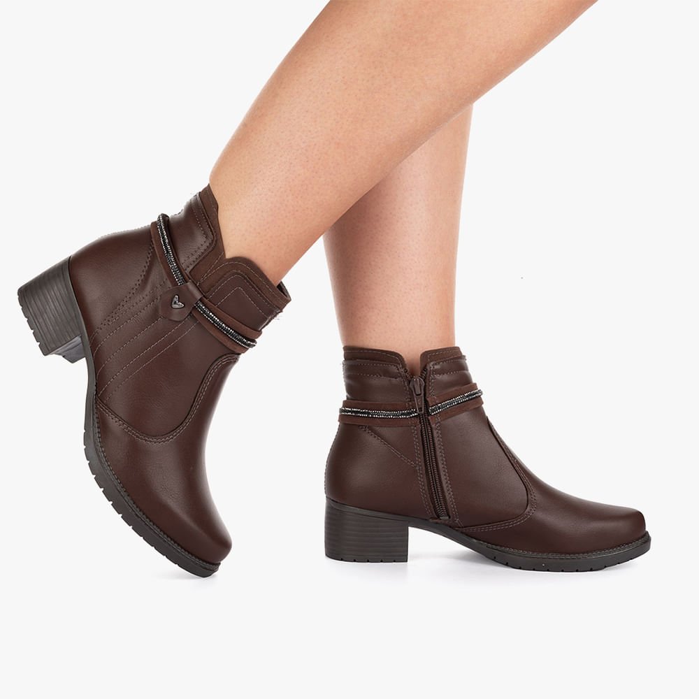 Bota Cano Curto Salto Grosso com Brilho e Ziper Marrom 2