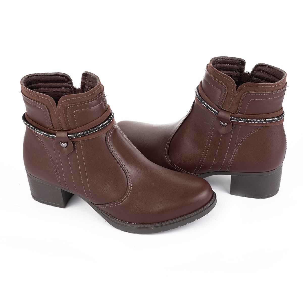 Bota Cano Curto Salto Grosso com Brilho e Ziper Marrom 6