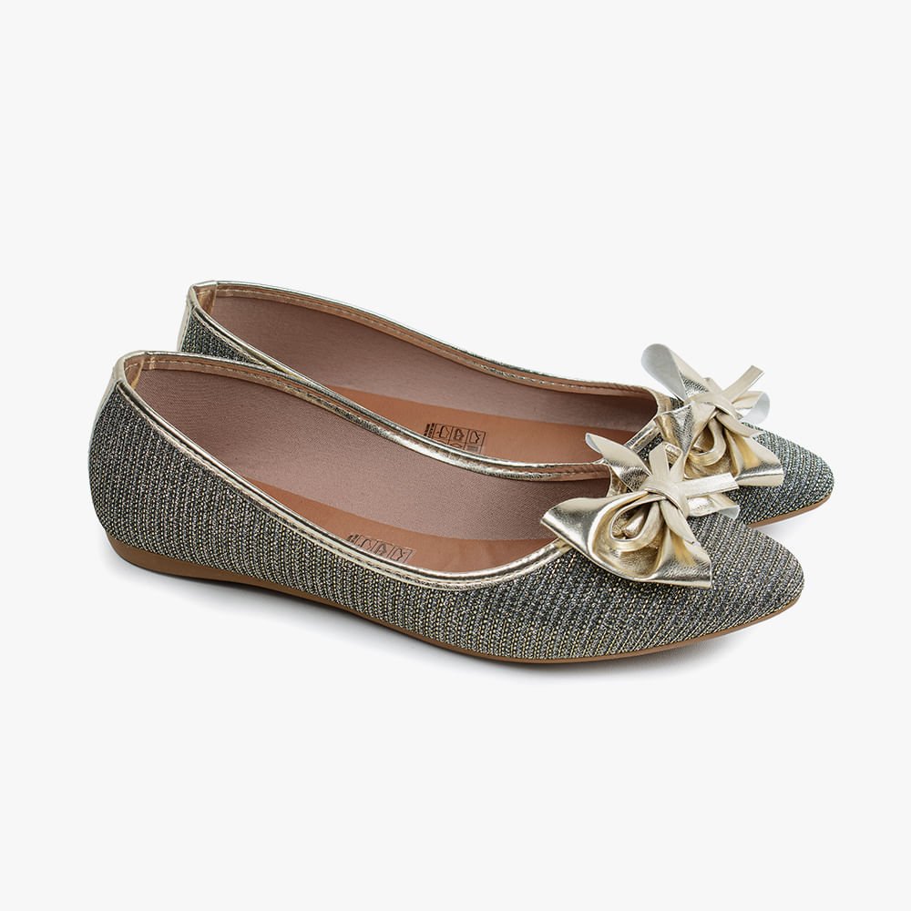 Sapatilha Bico Fino Lurex Brilho com Laço no Cabedal