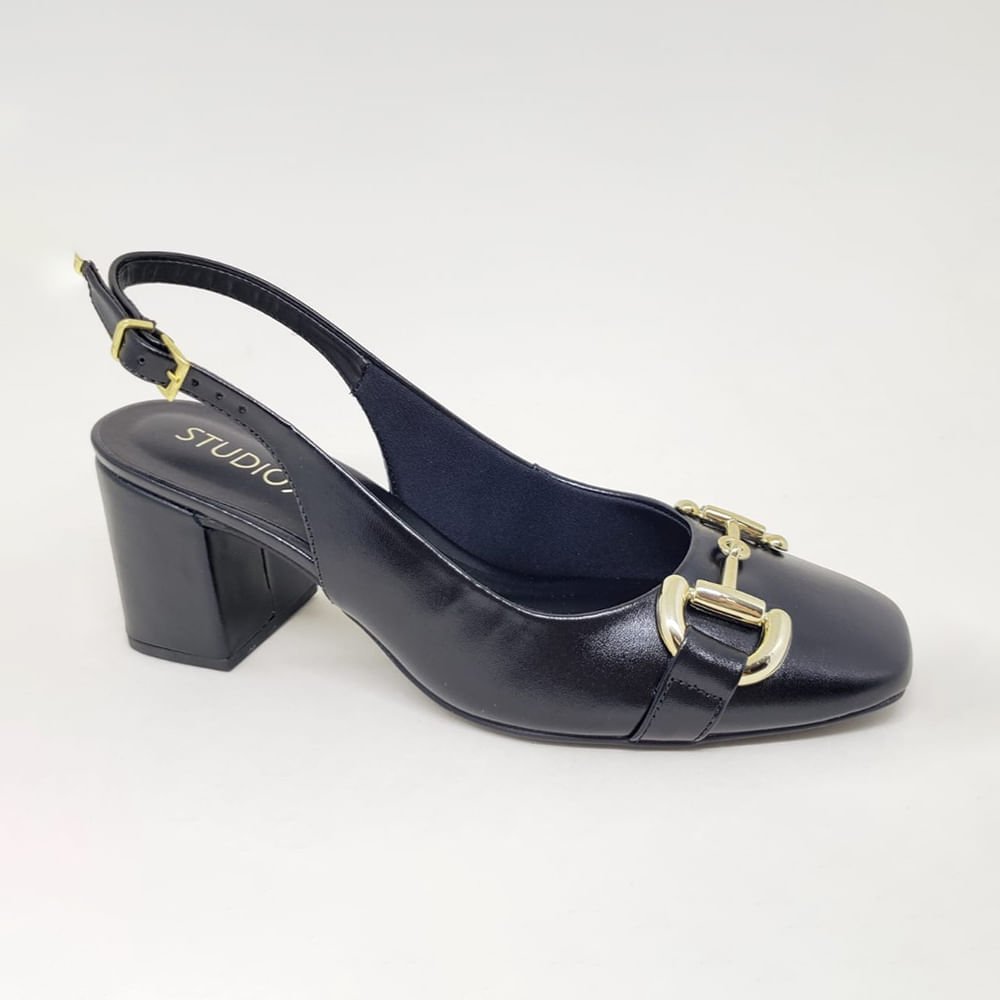 Sapato Salto Grosso Slingback Fivela no Cabedal