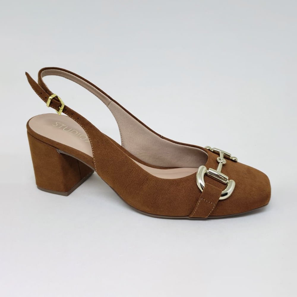 Sapato Salto Grosso Slingback Fivela no Cabedal