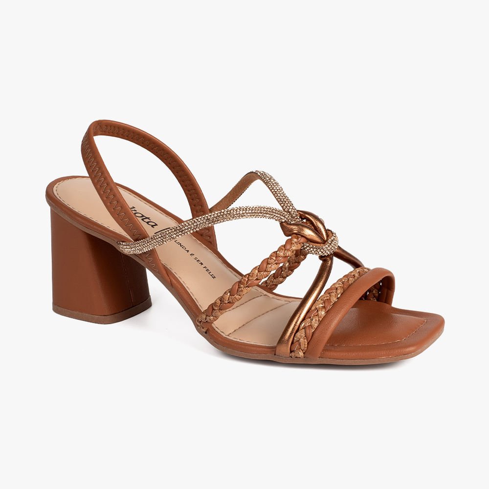 Sandália Salto Bloco Tiras Trança e Brilho Marrom 3
