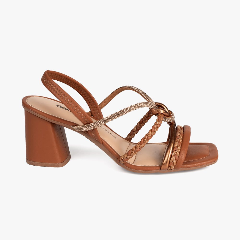 Sandália Salto Bloco Tiras Trança e Brilho Marrom 4