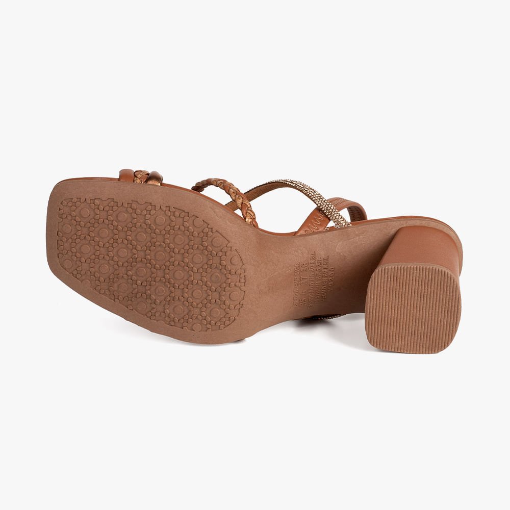 Sandália Salto Bloco Tiras Trança e Brilho Marrom 5