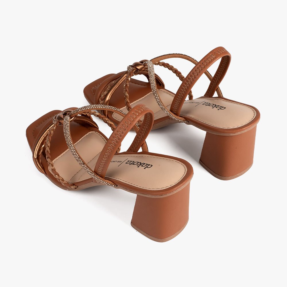 Sandália Salto Bloco Tiras Trança e Brilho Marrom 7