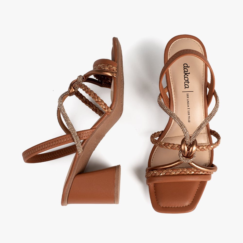 Sandália Salto Bloco Tiras Trança e Brilho Marrom 8