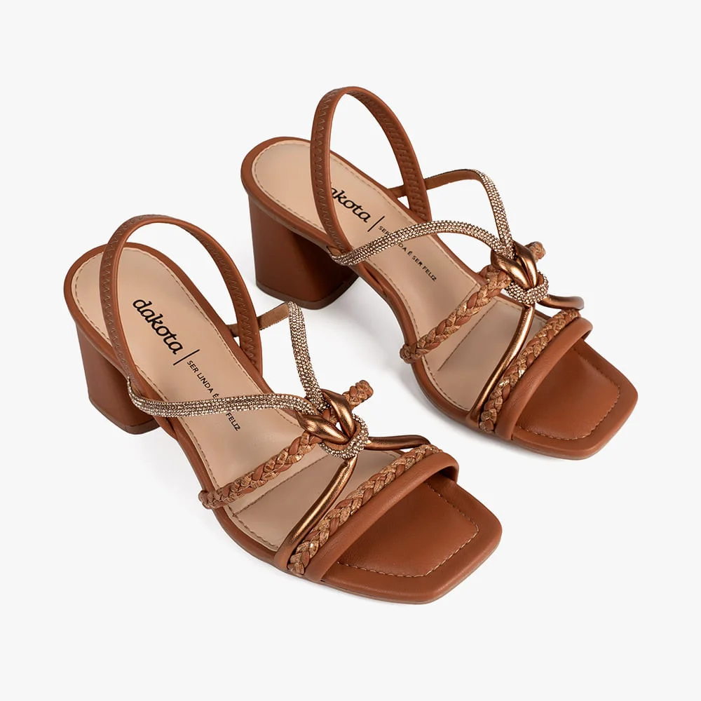 Sandália Salto Bloco Tiras Trança e Brilho Marrom 6