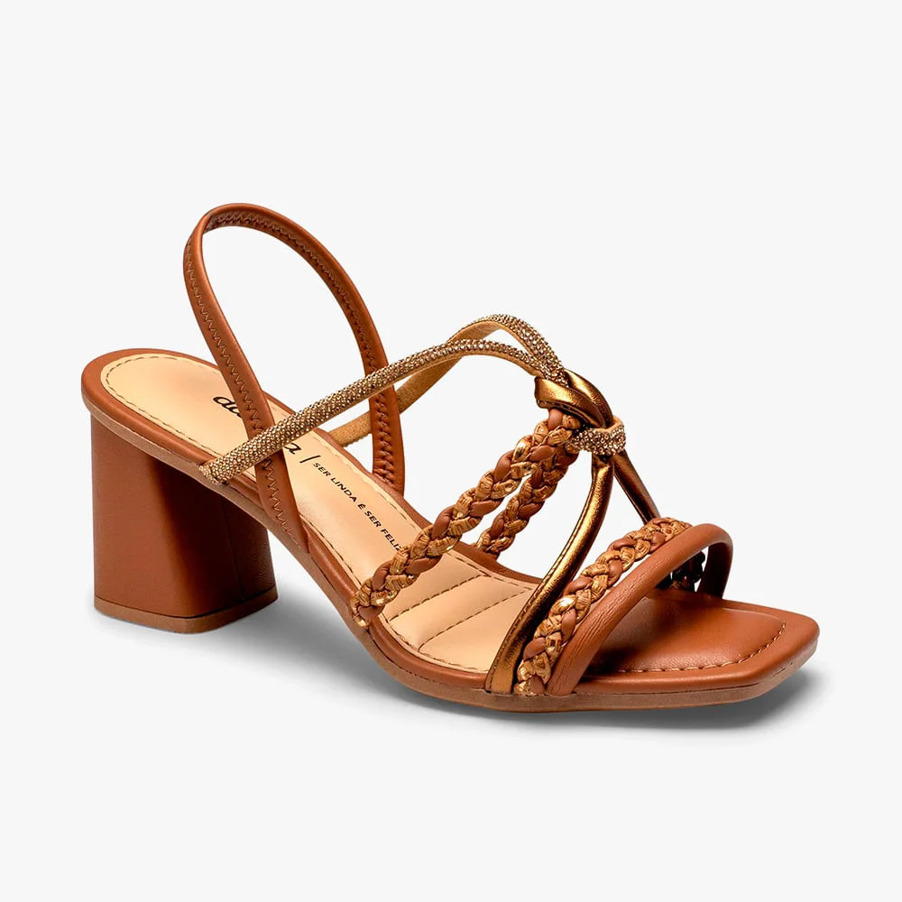 Sandália Salto Bloco Tiras Trança e Brilho Marrom 9