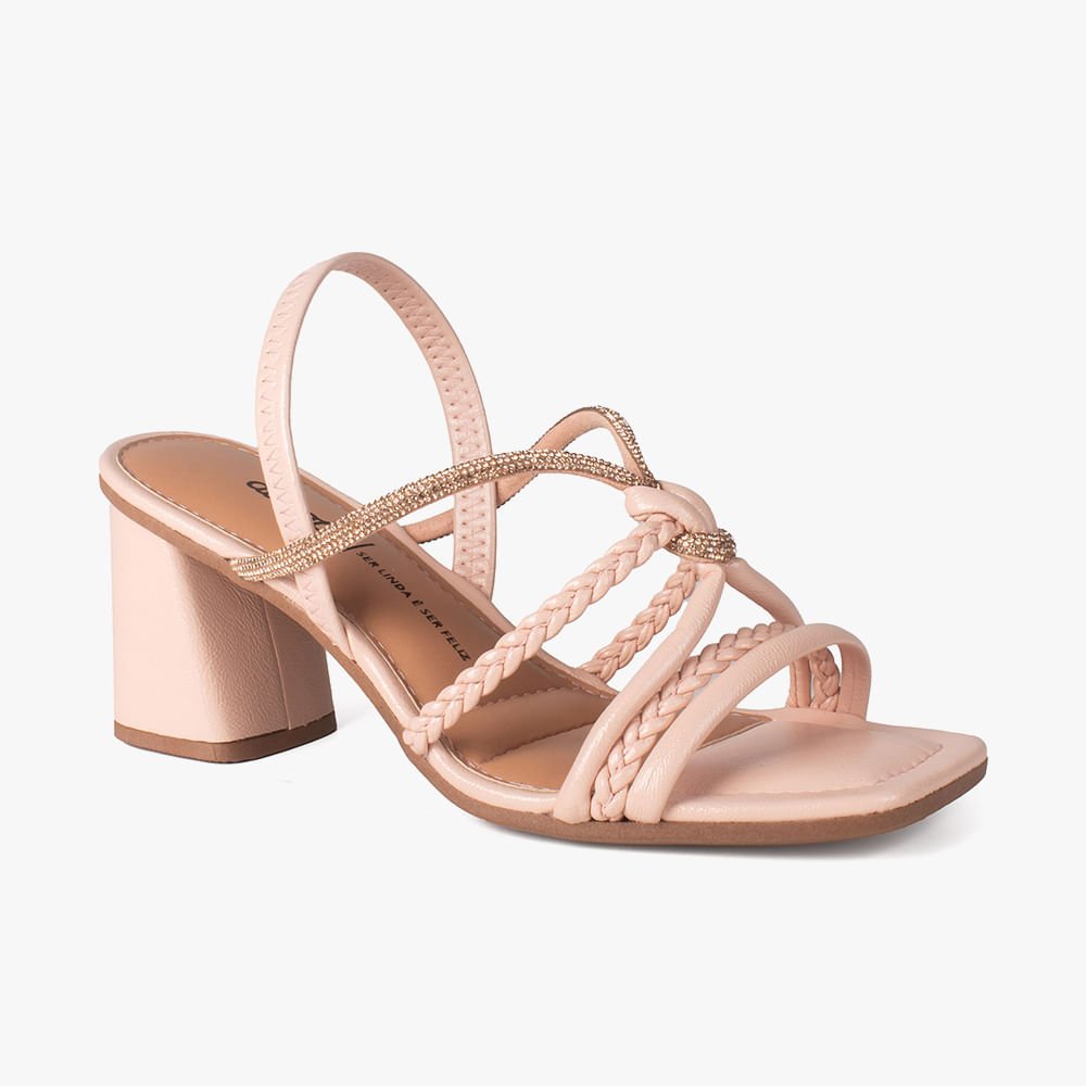 Sandália Salto Bloco Tiras Trança e Brilho