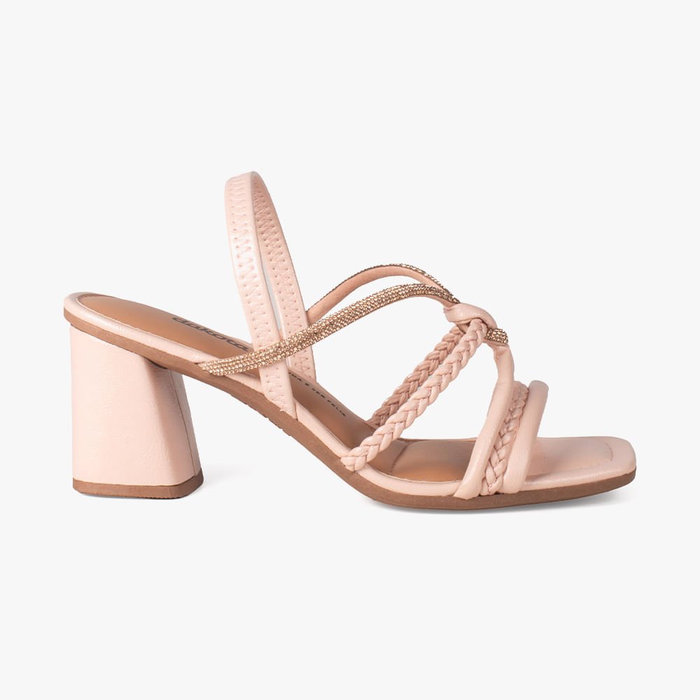 Sandália Salto Bloco Tiras Trança e Brilho Bege 3