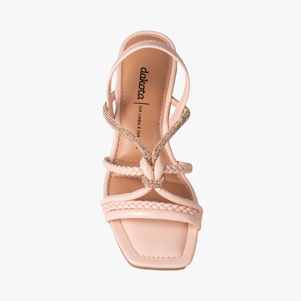 Sandália Salto Bloco Tiras Trança e Brilho Bege 6